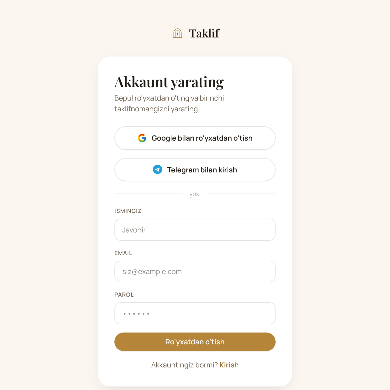 Bepul akkaunt oching